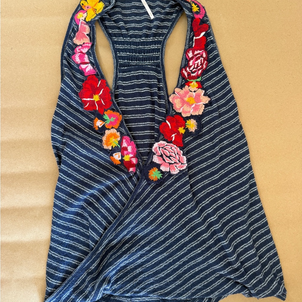 Free People Navy Striped Racerback Tank with Multicolor Floral Embroidery
